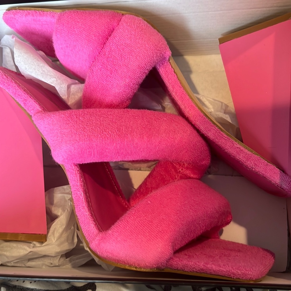 Pink Double Strap Triangle Heeled Mules